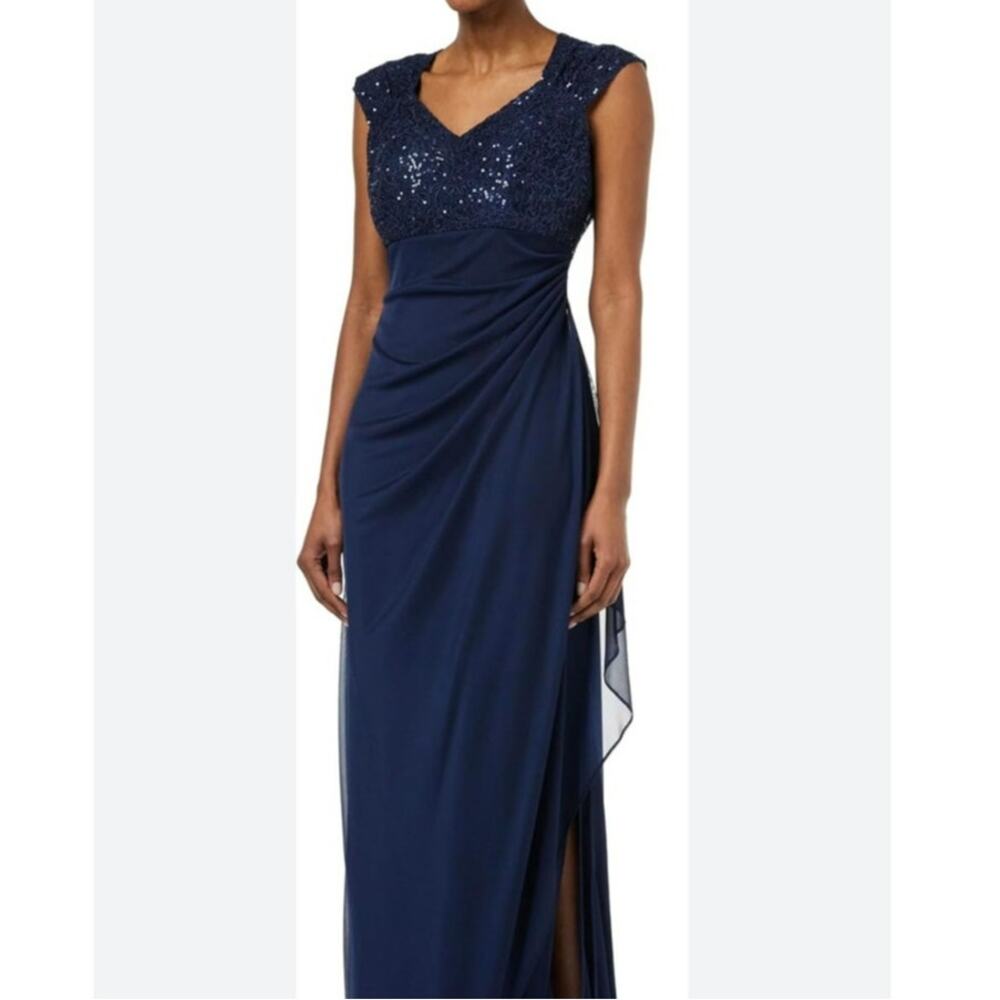 New Alex Evenings Navy blue formal rouched side gown sequined bodice size 6